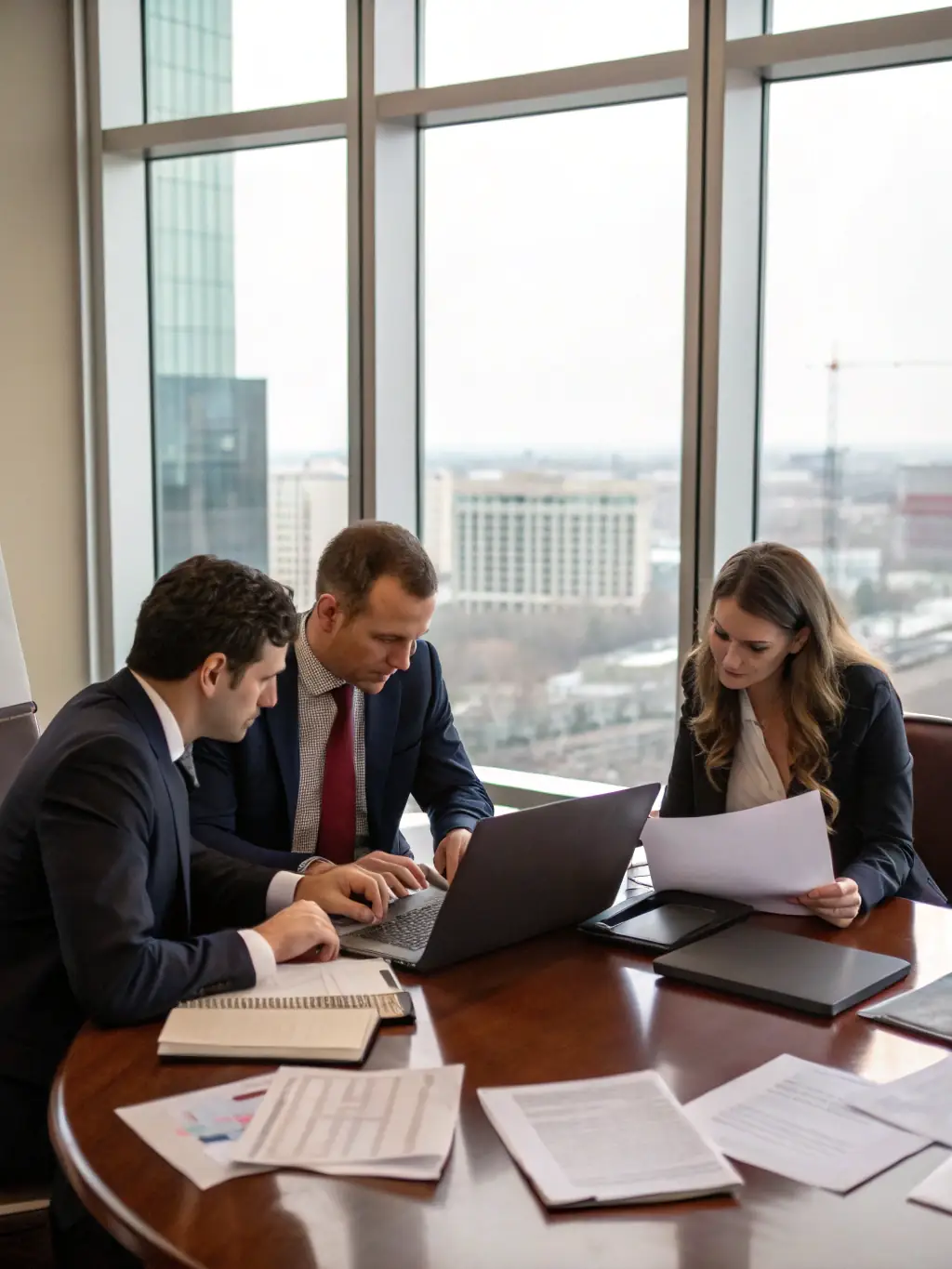 A team of legal and financial professionals collaborating on a deal, reviewing contracts and ensuring a smooth and secure transaction for a FedEx Ground route sale.