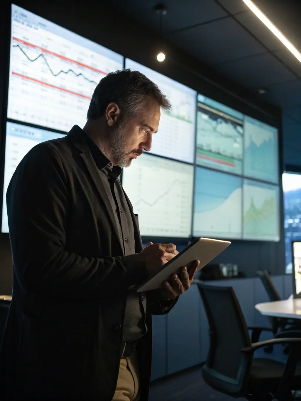 A professional appraiser carefully examining FedEx Ground route data on a tablet, with graphs and charts visible in the background, representing the free valuation step.