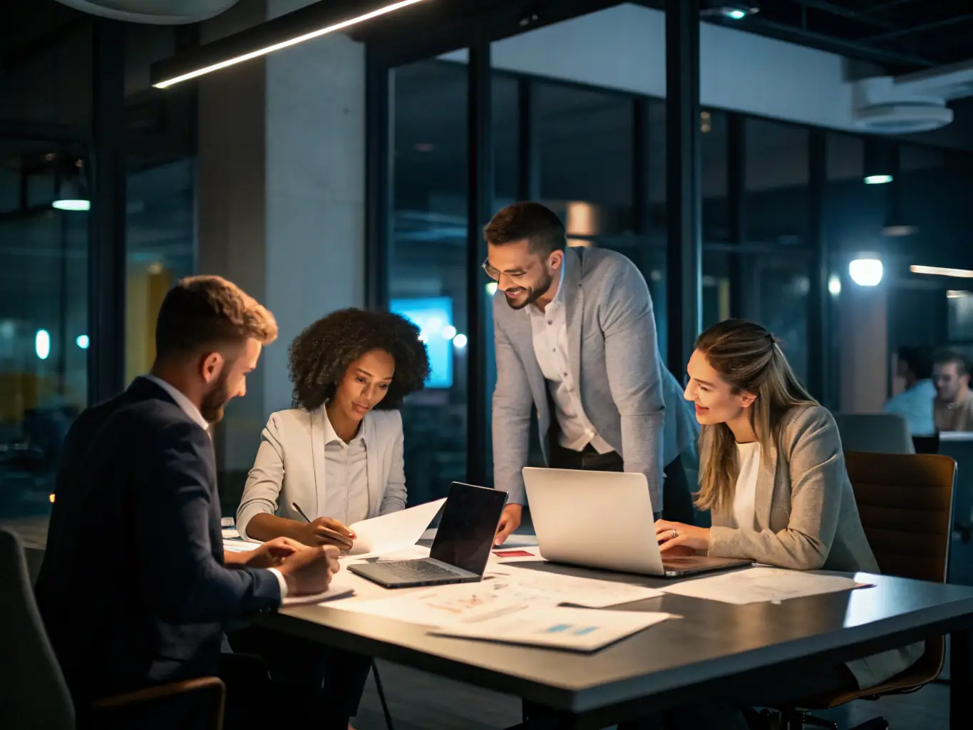 An image showing a team of professionals discussing a contract and finalizing a deal, with a focus on the handshake and signed documents.