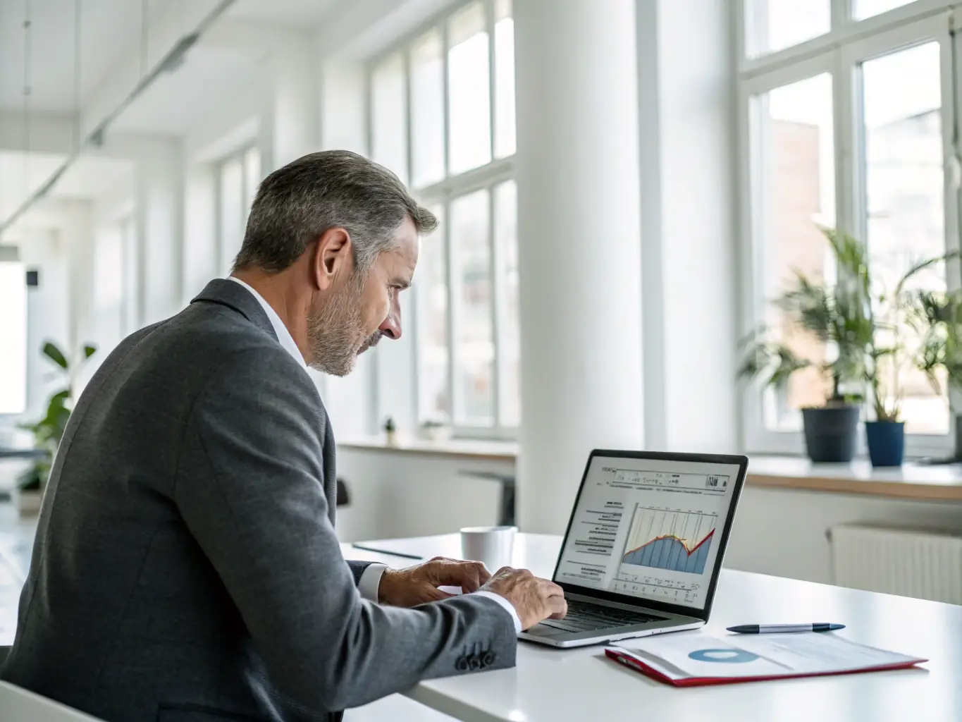 An image showing a professional consultant reviewing route data and providing valuation insights, set in a modern office environment.